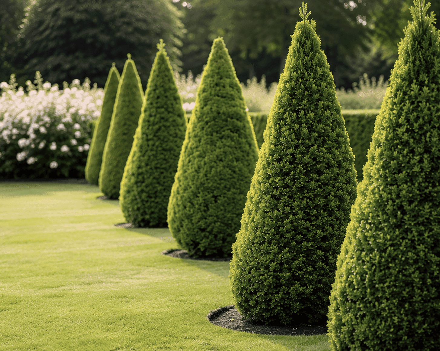 Lush green privacy hedge and modern lawn architecture