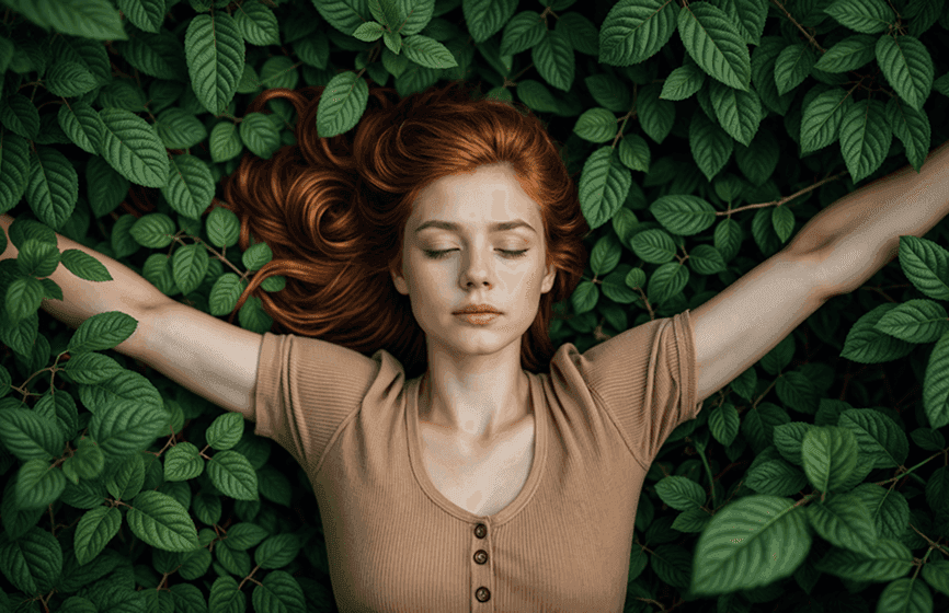 Woman relaxing peacefully lying on dense green foliage
