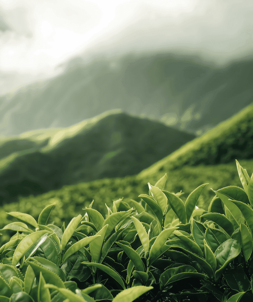 Lush green tea leaves with rolling sunlit mountain hills in background